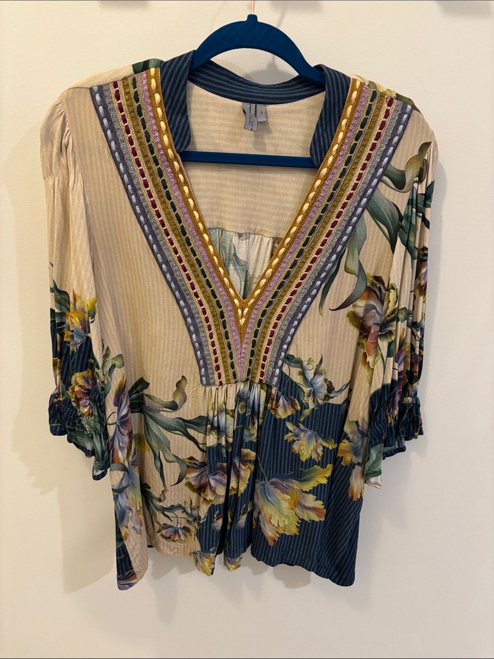 Bl^Nk London: Boho Floral V-Neck Peasant Tunic - Cream & Navy